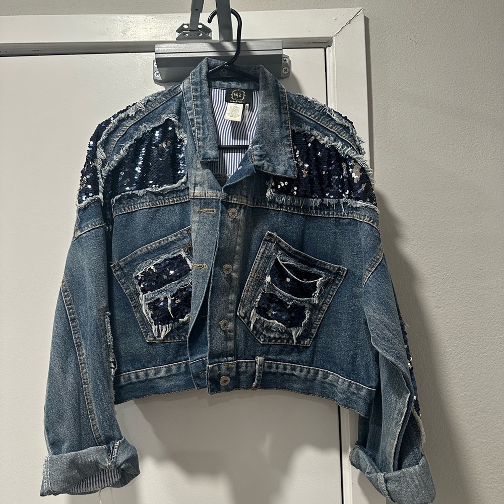 Cropped Denim Jacket with Sequin Accents